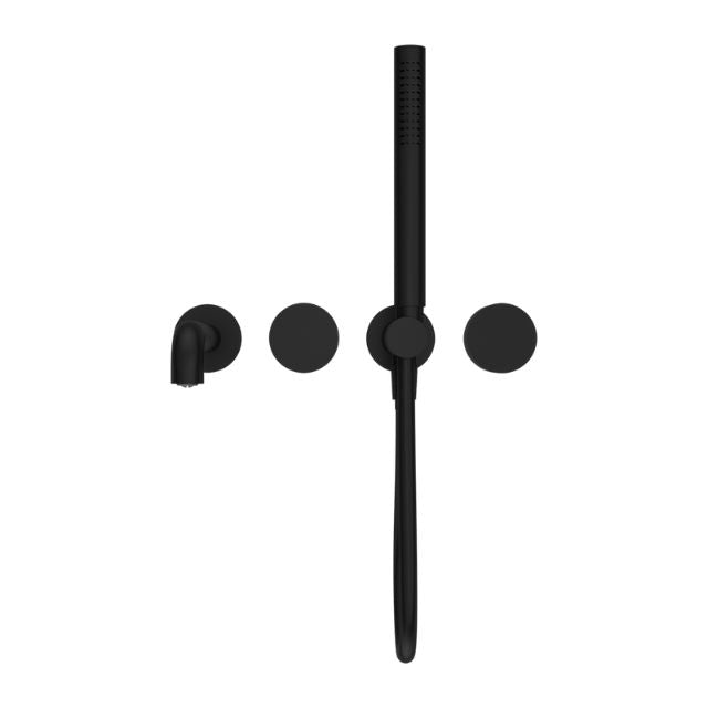 Nero Kara wall-mounted shower system in matte black with separate plate, hand shower and spout ು