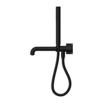 Nero Kara progressive shower system in matte black, wall-mounted with separate plate and 230mm spout, front view
