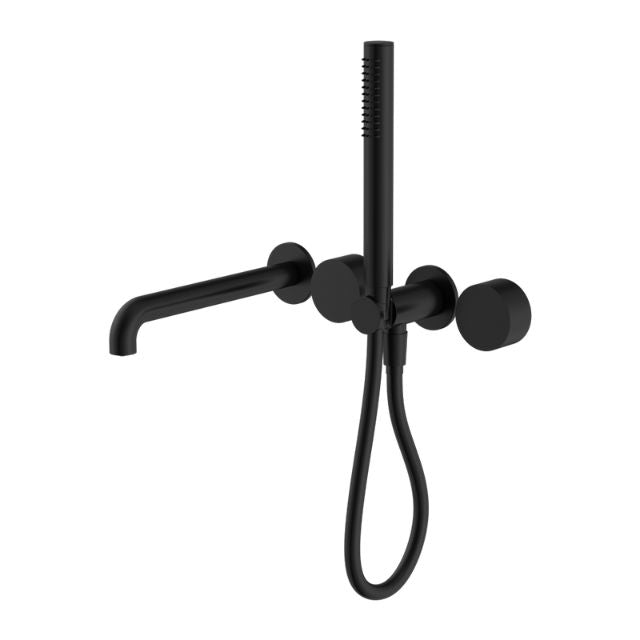 Nero Kara progressive shower system with separate plate, wall-mounted spout and hand shower, matte black finish