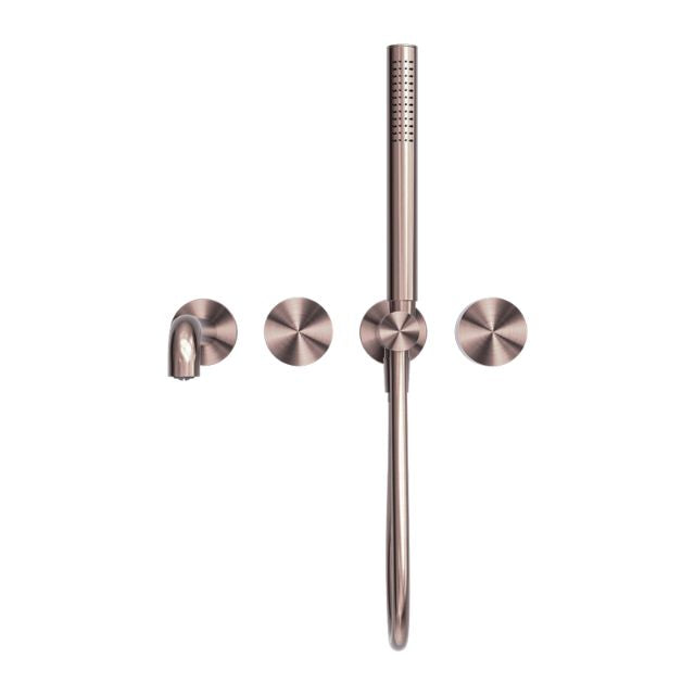 Nero Kara wall-mounted progressive shower system in brushed bronze, with separate plate and 250mm spout