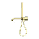 Nero Kara progressive shower system with separate plate and spout, brushed gold wall-mounted tapware