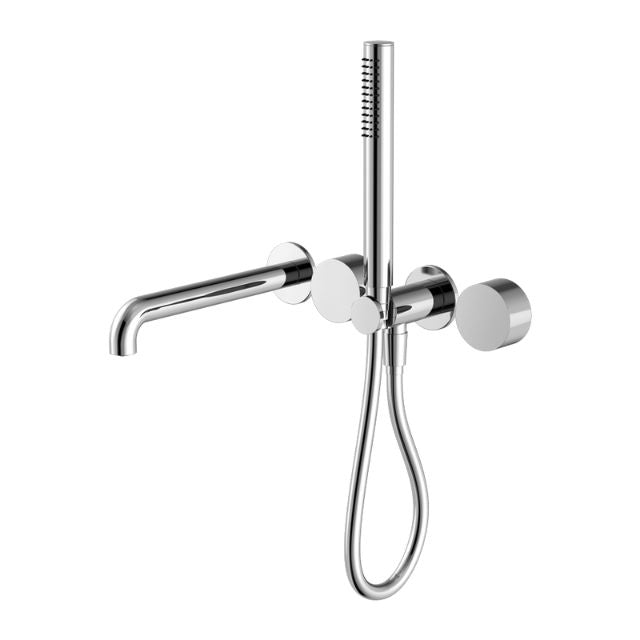 Nero Kara chrome progressive shower system with separate wall plate, spout and hand shower hose on white background