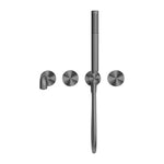 Nero Kara progressive shower system in gunmetal, wall-mounted with separate plates, handheld shower and spout set