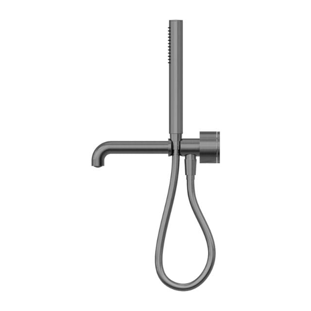 Nero Kara progressive shower system with separate plate and 250mm spout in gun metal, wall-mounted with hand shower hose