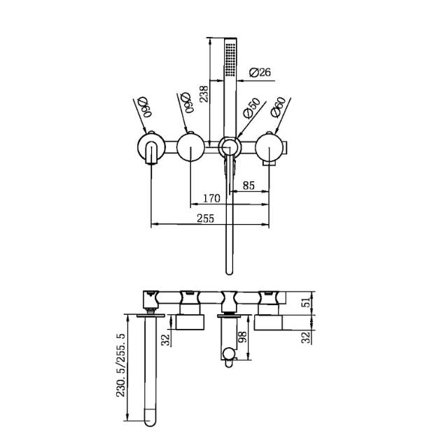 Nero Kara progressive shower system wall-mounted technical drawing with separate plate and 250mm spout, gun metal rear view