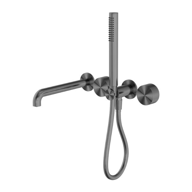 Nero Kara progressive shower system with separate plate and 250mm spout in gun metal, wall mounted view