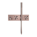 Nero Kara progressive shower system with spout in brushed bronze, wall-mounted with round controls and vertical handheld shower head