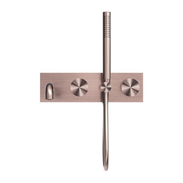Nero Kara progressive shower system with spout in brushed bronze, wall-mounted with round controls and vertical handheld shower head