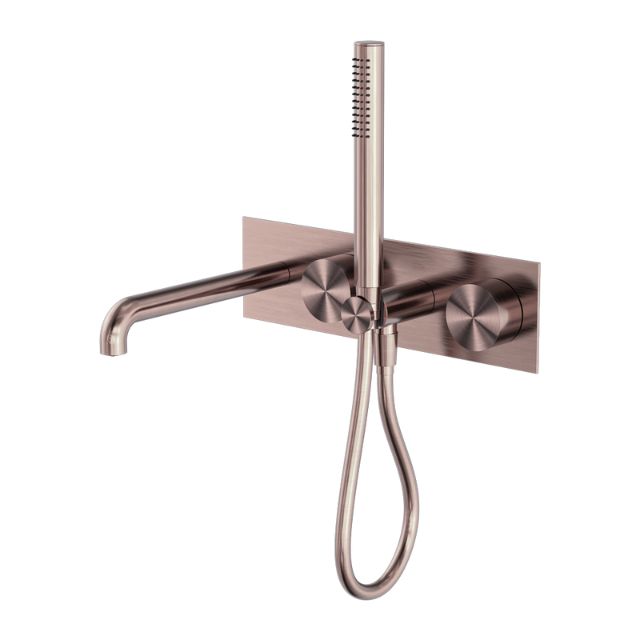 Nero Kara progressive shower system with 250mm spout in brushed bronze, wall-mounted with handheld shower and hose