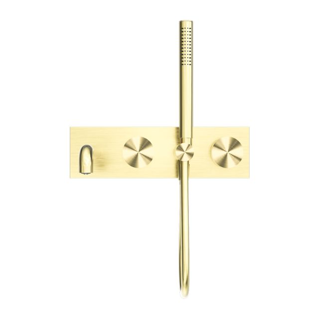 Nero Kara brushed gold wall-mounted progressive shower system with 250mm spout and handheld shower on rectangular faceplate
