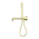 Nero Kara progressive shower system with 250mm spout, brushed gold wall-mounted tap set