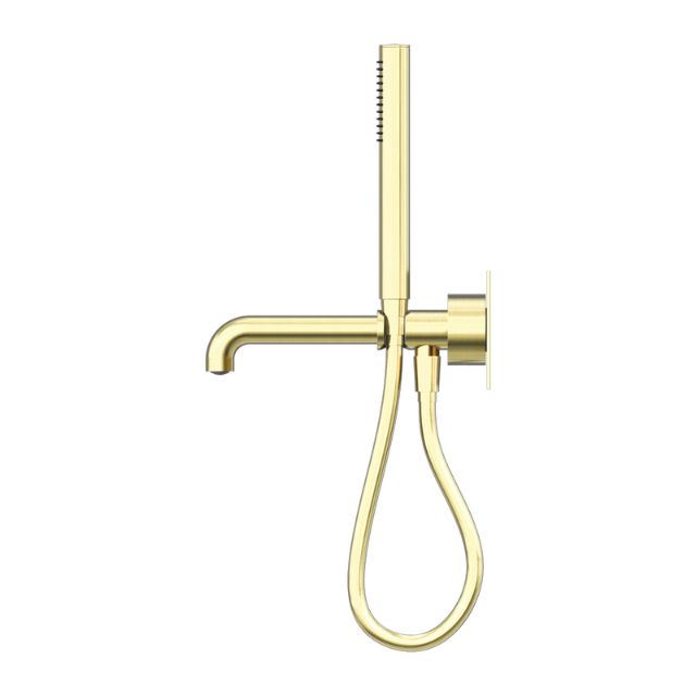 Nero Kara progressive shower system with 250mm spout, brushed gold wall-mounted tap set