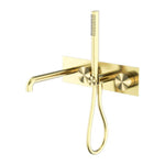 Nero Kara wall-mounted progressive shower system with 250mm spout, brushed gold finish and hand shower