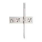 Nero Kara progressive shower system with spout, brushed nickel wall-mounted tap set on rectangular plate