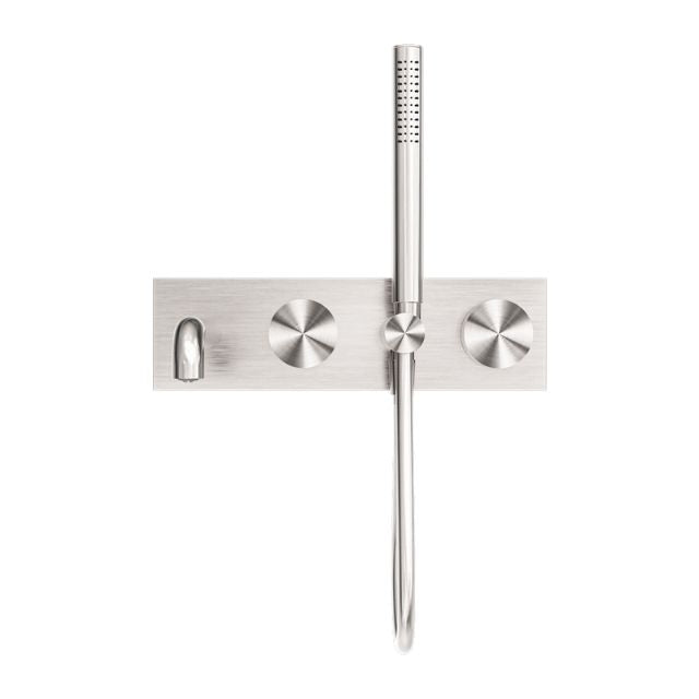 Nero Kara progressive shower system with spout, brushed nickel wall-mounted tap set on rectangular plate