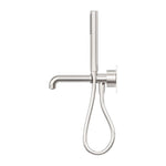 Nero Kara progressive shower system with 250mm spout, brushed nickel wall-mounted tapware and handheld hose on white background