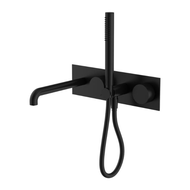 Nero Kara matte black progressive shower system with 250mm spout, wall-mounted mixer and hand shower set