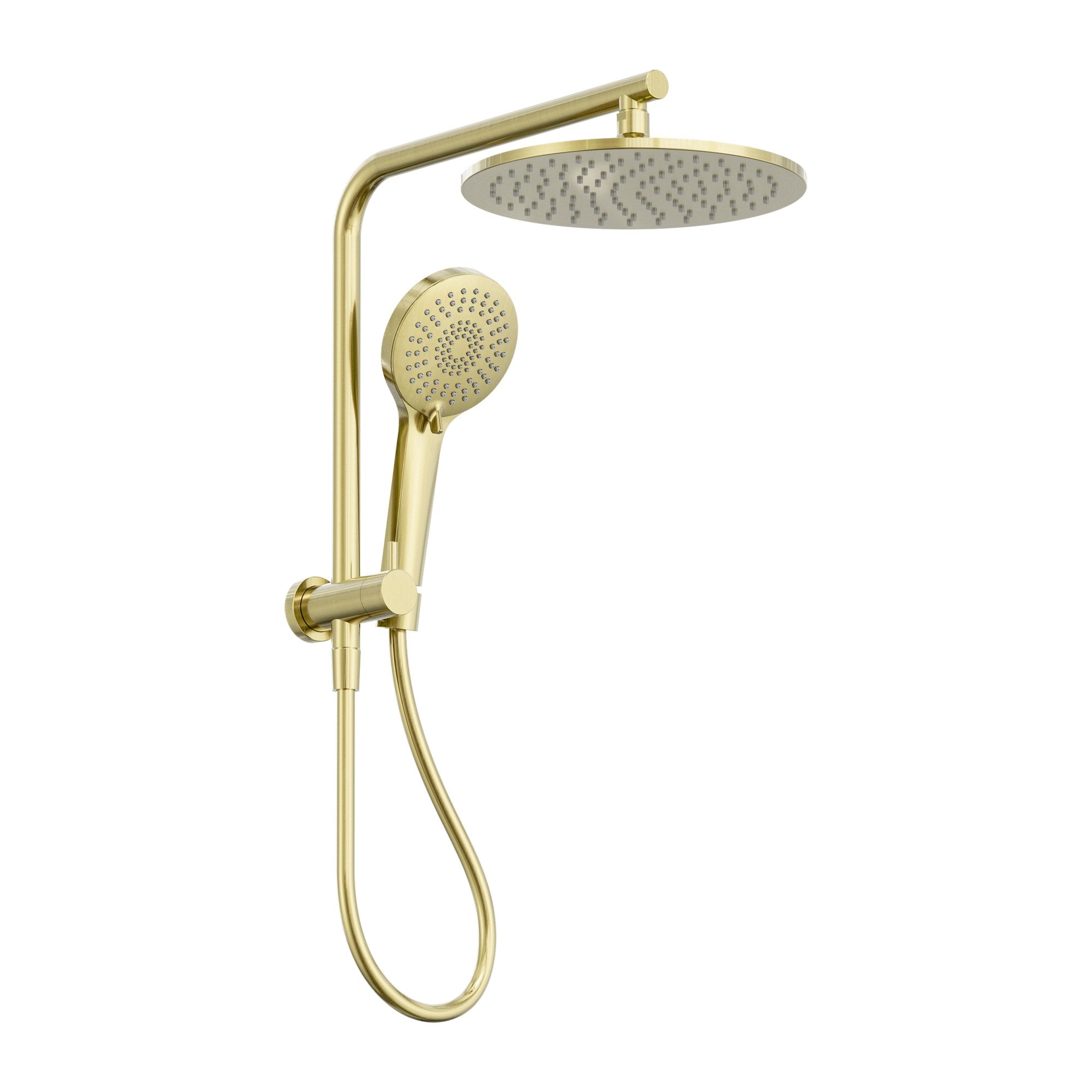 Nero Mecca twin shower in brushed gold with round overhead shower head and handheld shower on rail