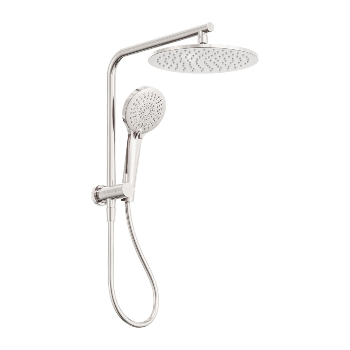 Nero Mecca twin shower in brushed nickel, with round overhead shower, hand shower and hose on wall-mounted rail.