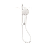 Nero Mecca twin shower in brushed nickel, with overhead shower, hand shower and hose on wall rail attachment