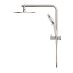 Nero Mecca twin shower in brushed nickel, with overhead round rose and hand shower on wall rail, front view