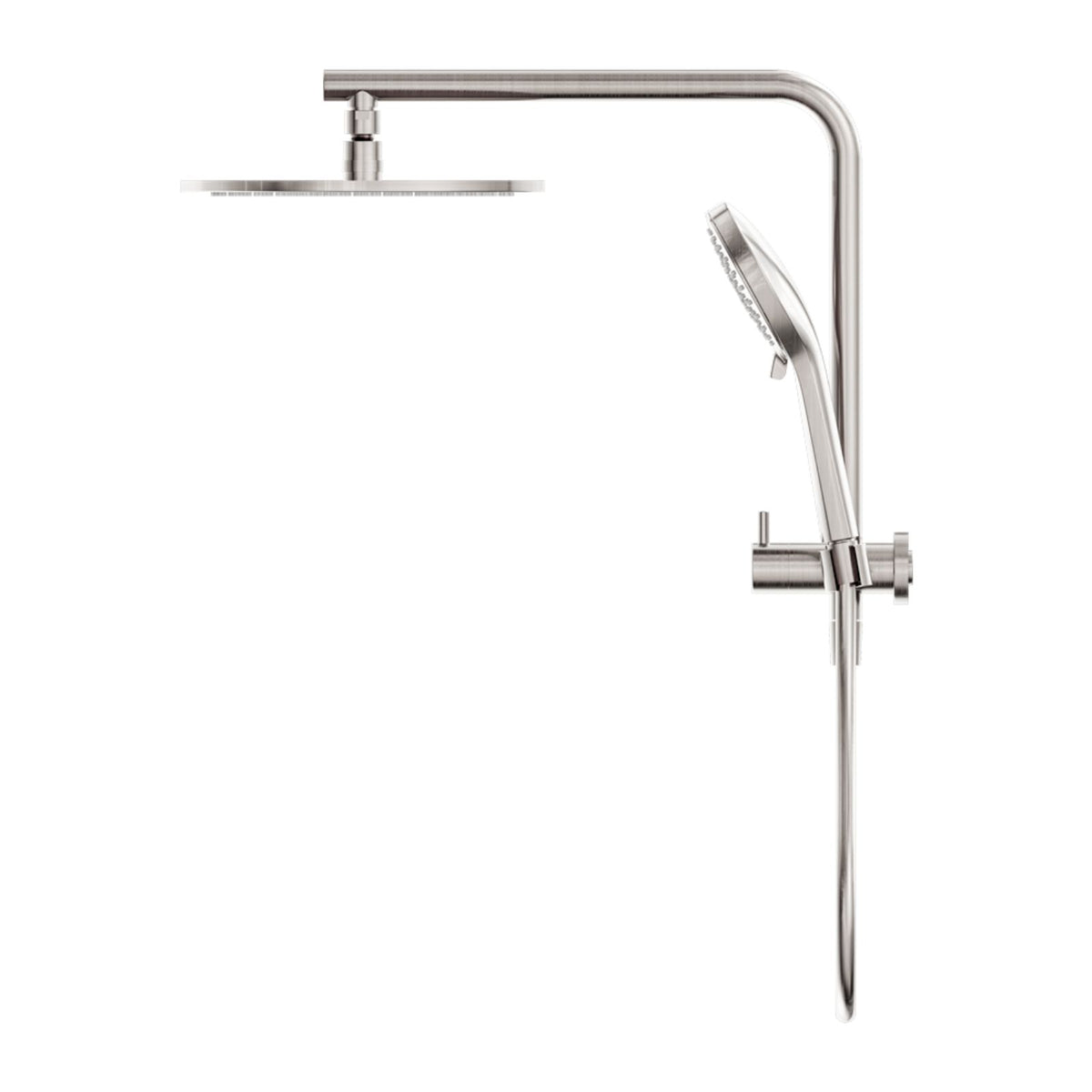 Nero Mecca twin shower in brushed nickel, with overhead round rose and hand shower on wall rail, front view
