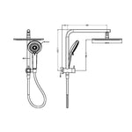 Technical drawing of Nero Mecca 2 in 1 twin shower in brushed nickel, showing overhead shower, hand shower and dimensions