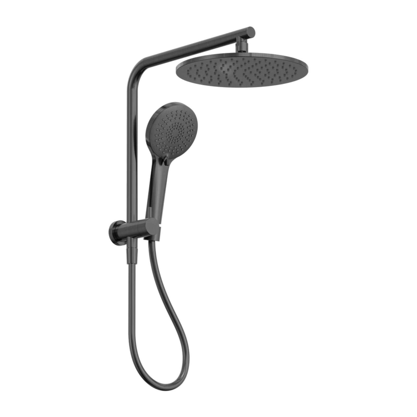 Nero Mecca twin shower in gun metal, with round overhead shower, hand shower and hose on wall rail