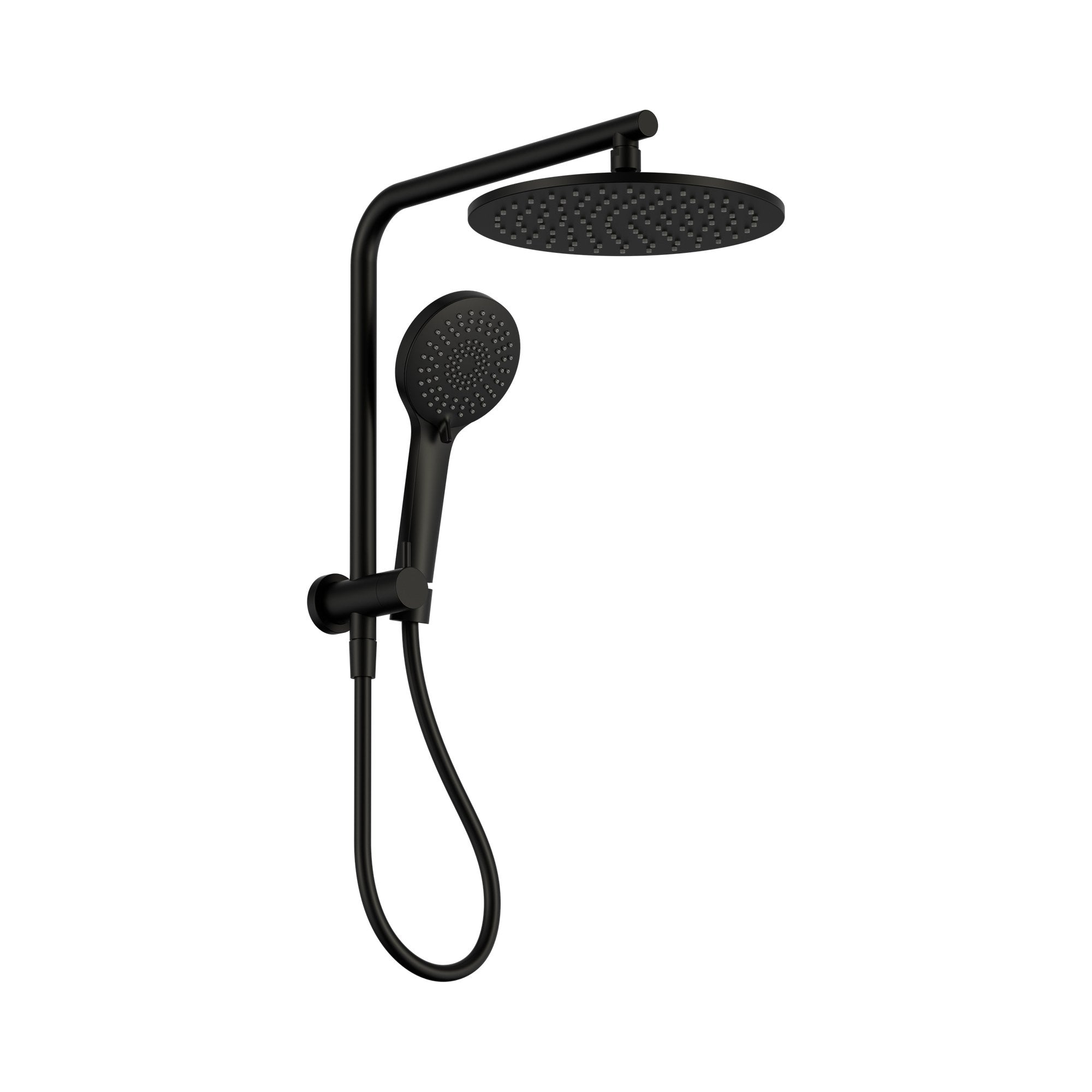 Nero Mecca twin shower in matte black, with round overhead shower, hand shower and hose on wall rail