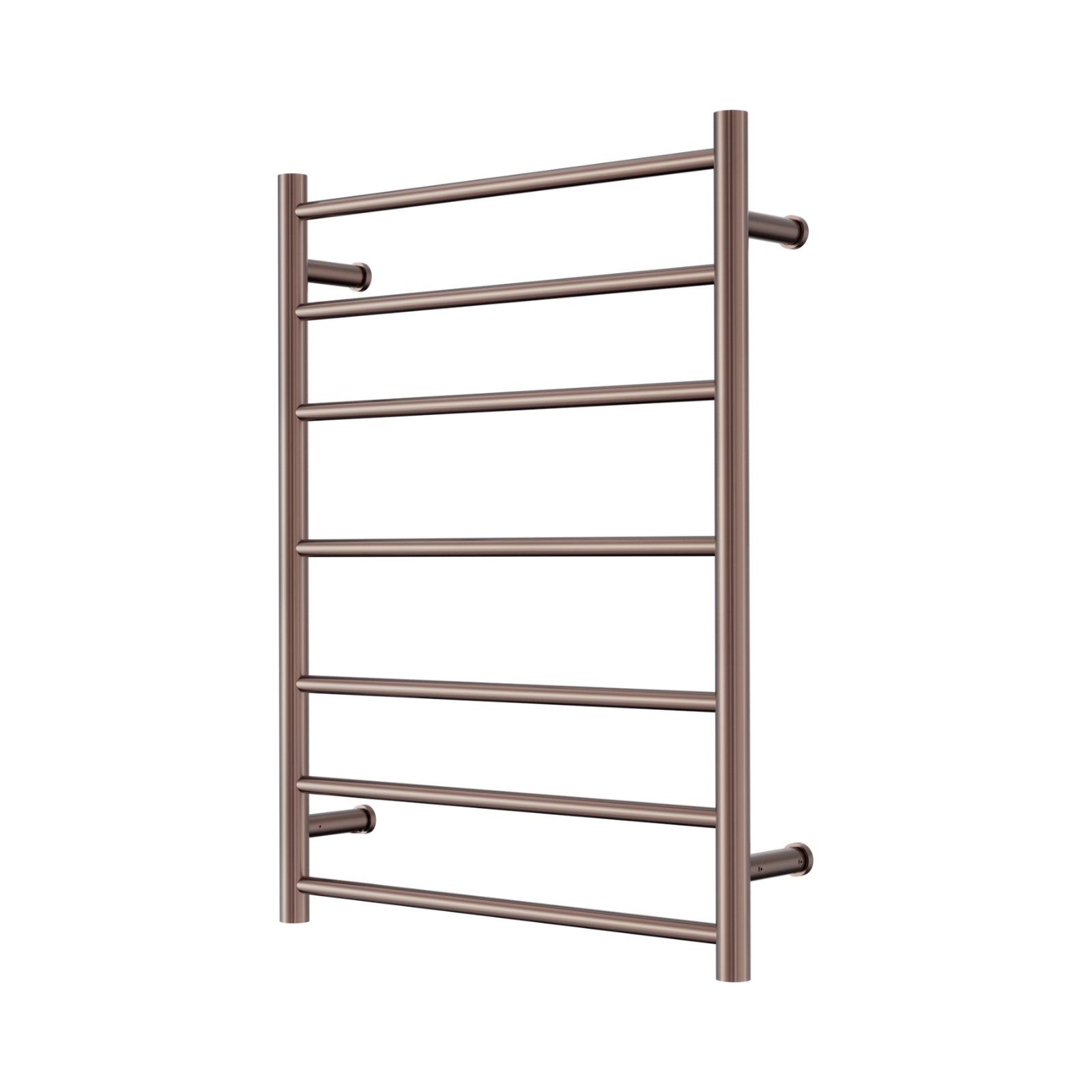 Nero Mecca 7-bar heated towel ladder in brushed bronze, front view on white background