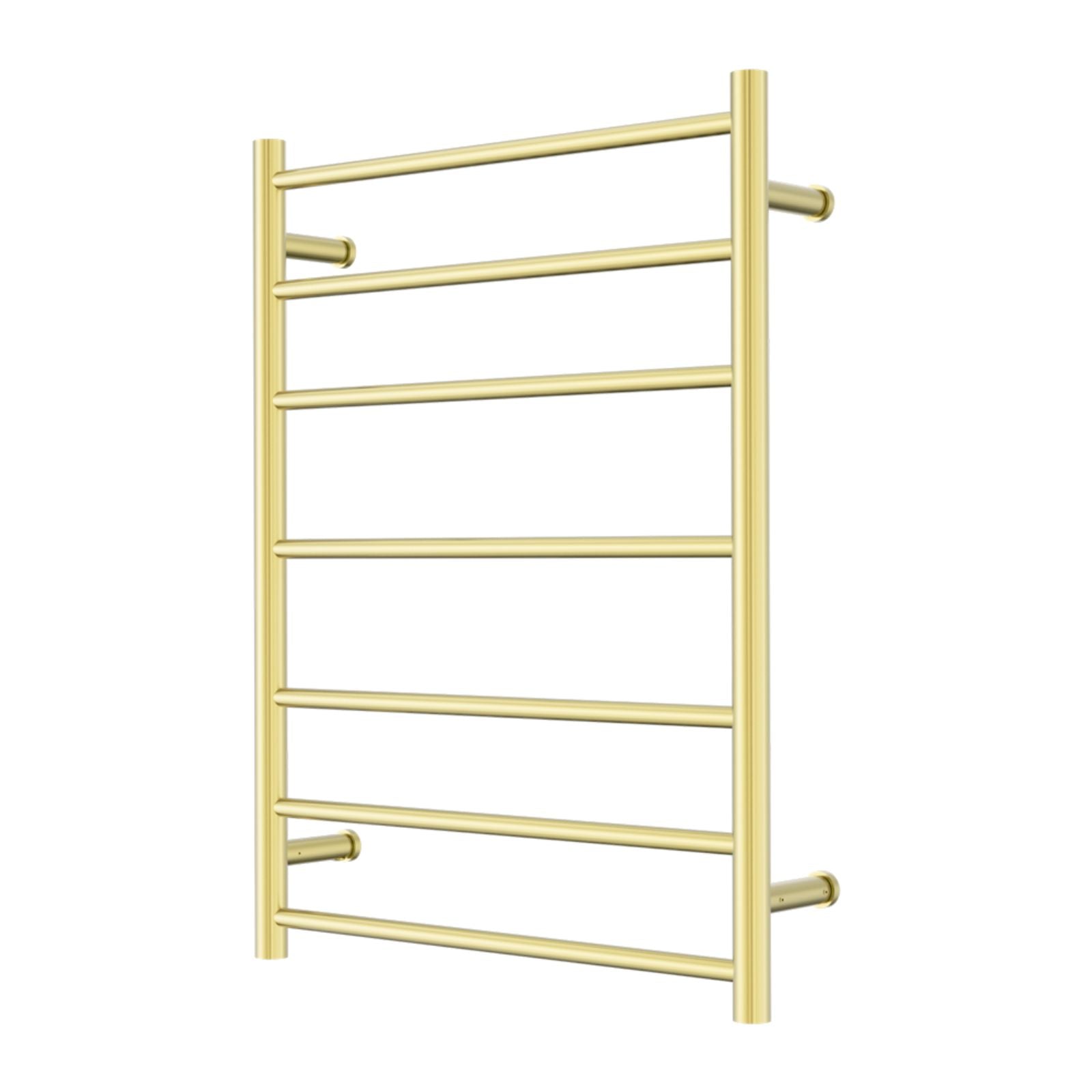 Nero Mecca 7-bar heated towel ladder in brushed gold, round stainless steel wall-mounted rail on white background