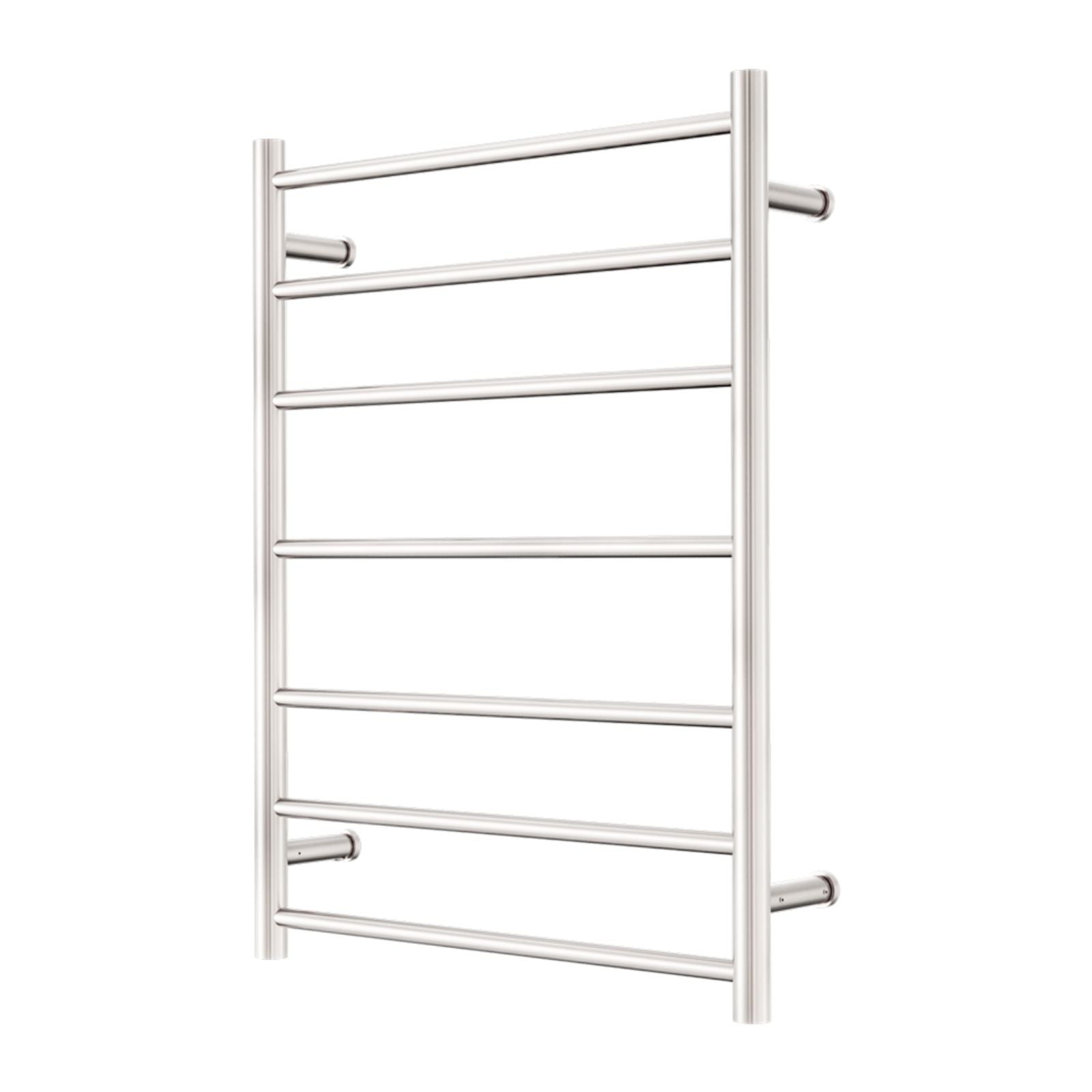 Nero Mecca brushed nickel 7-bar heated towel ladder, front view, with round stainless steel rails on white background