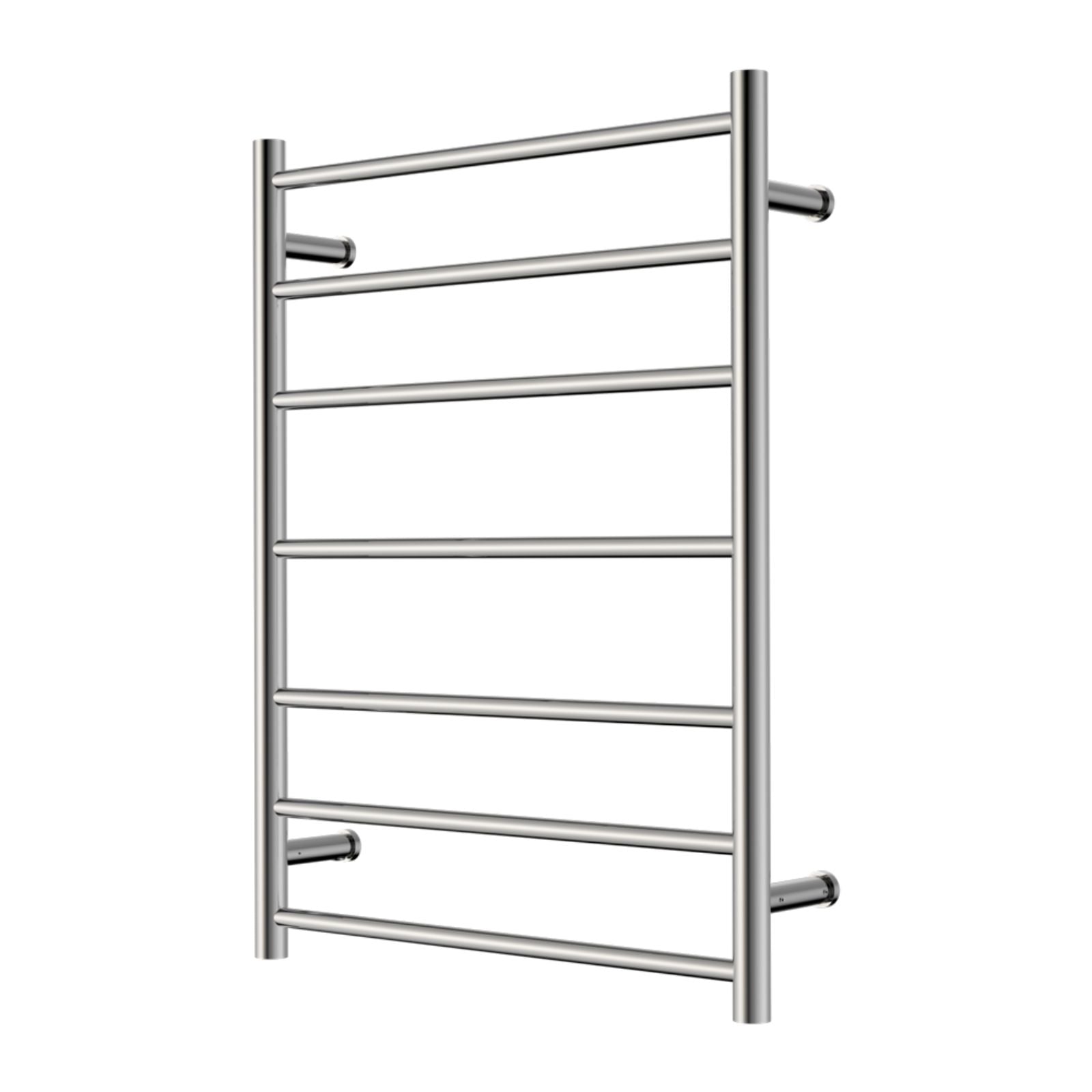 Nero Mecca chrome heated towel ladder, 7-bar stainless steel wall-mounted rail on white background
