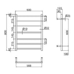 Technical drawing of Nero Mecca 7-bar heated towel ladder, 600 x 800mm, gunmetal, with dimensions marked