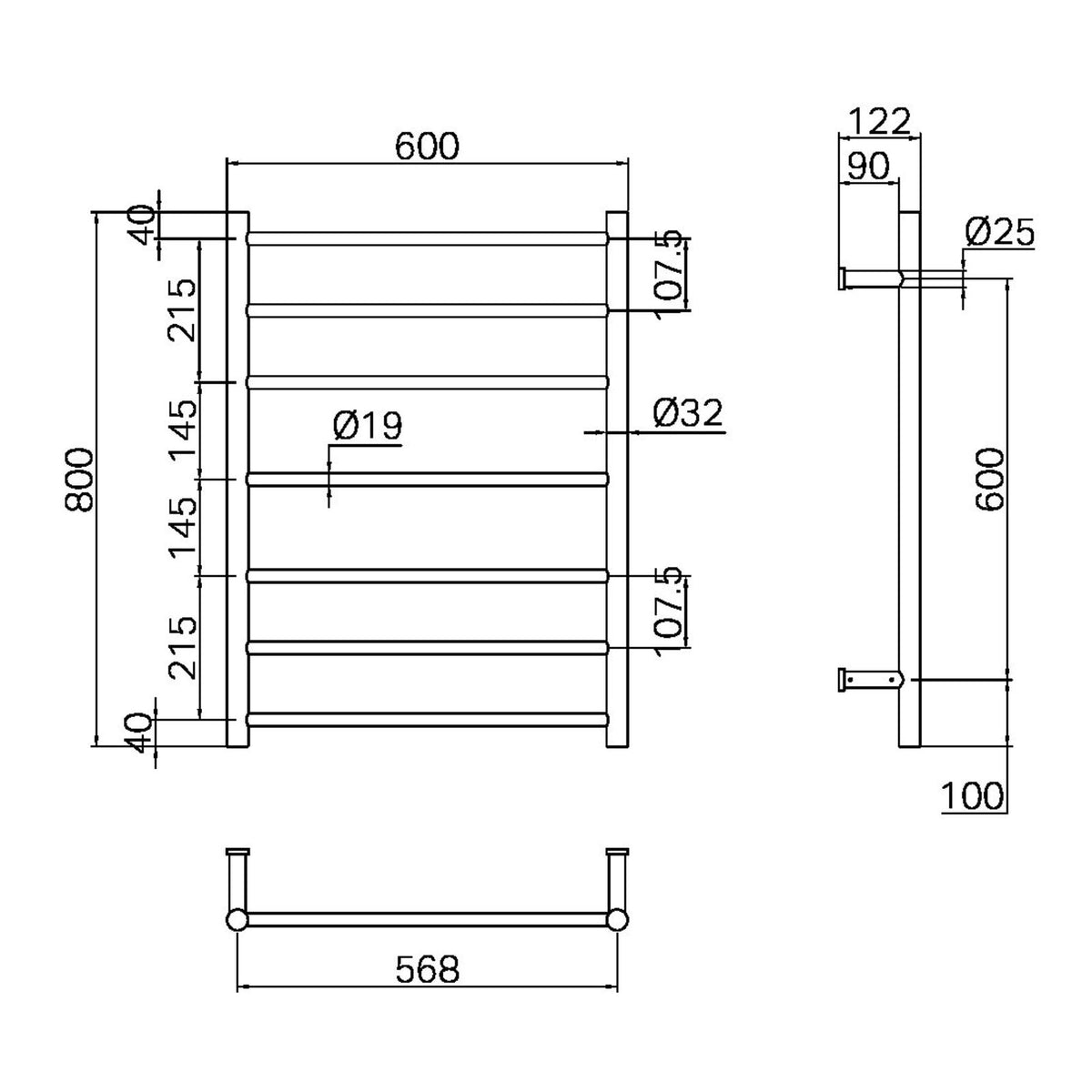 Technical drawing of Nero Mecca 7-bar heated towel ladder, 600 x 800mm, gunmetal, with dimensions marked