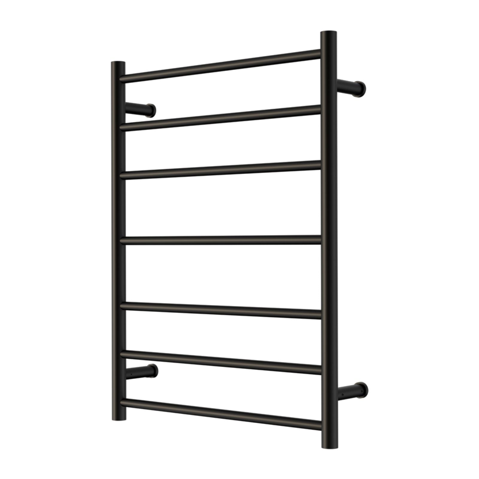 Nero Mecca 7-bar heated towel ladder in matte black, wall-mounted bathroom rail on white background