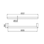 Nero Mecca single heated towel rail technical drawing in brushed bronze, showing 632mm length and 90mm projection