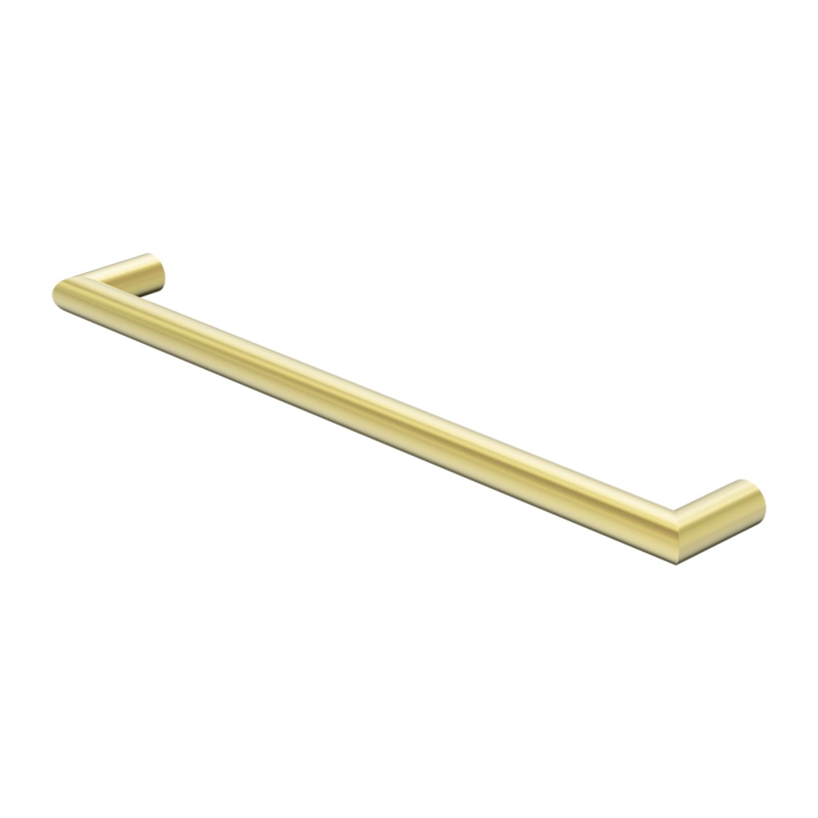 Nero Mecca single heated towel rail in brushed gold, angled view, with round bar and wall mounts
