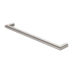Nero Mecca single heated towel rail in brushed nickel, angled round stainless steel bar on white background