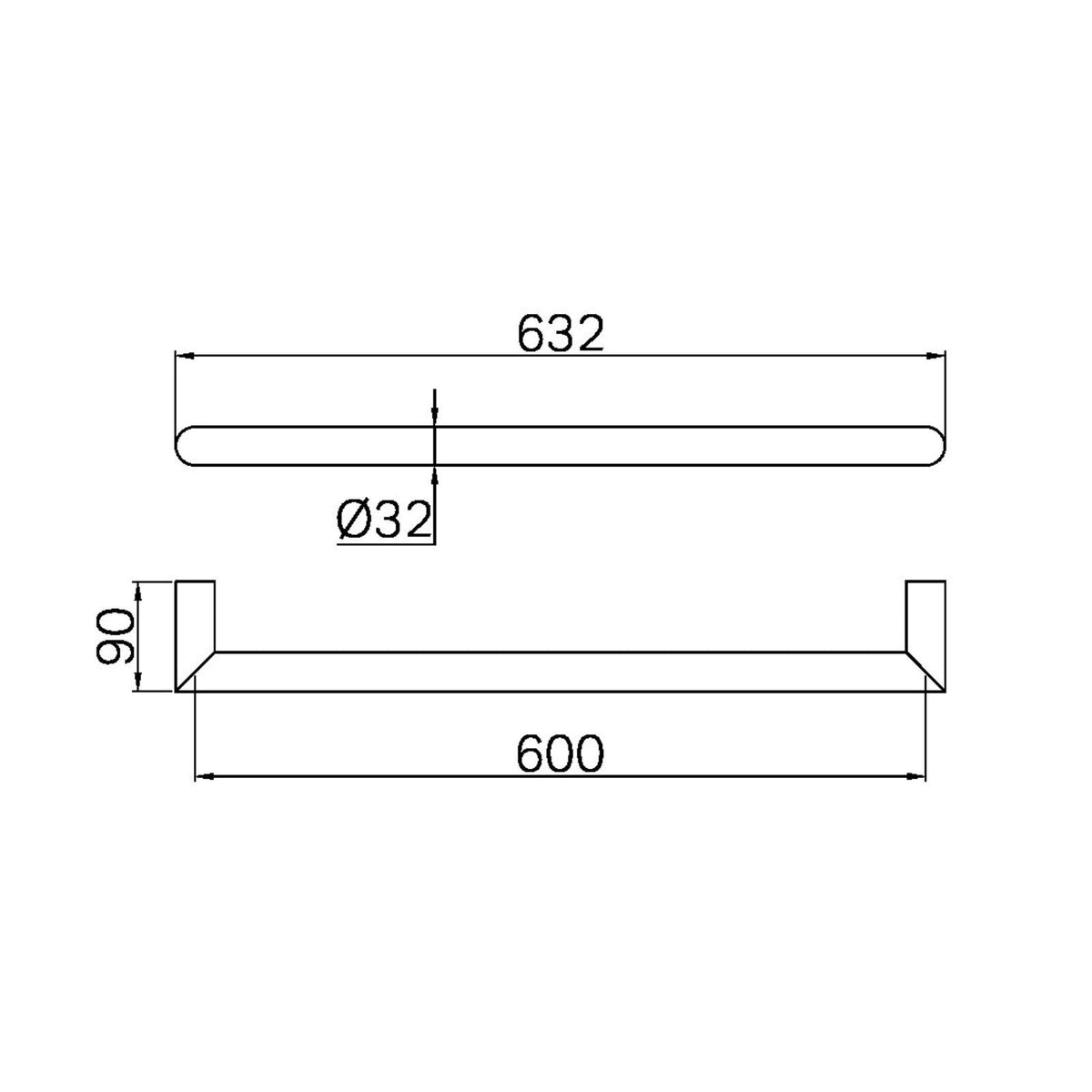 Nero Mecca heated towel rail technical drawing, single round bar in brushed nickel, showing 632mm length and 90mm projection
