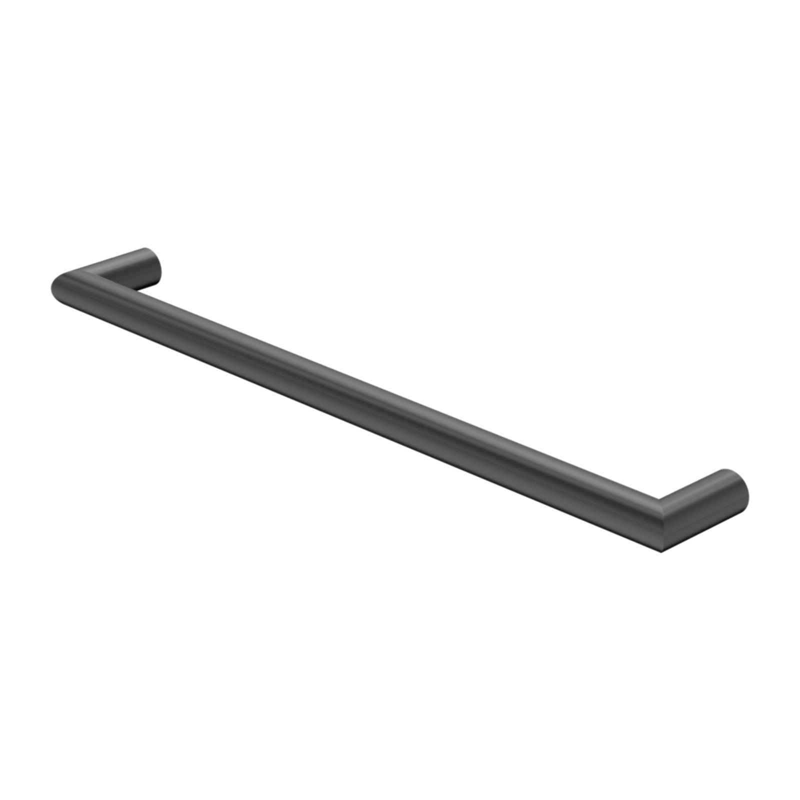 Nero Mecca single heated towel rail in gun metal, round bar design, shown on a white background