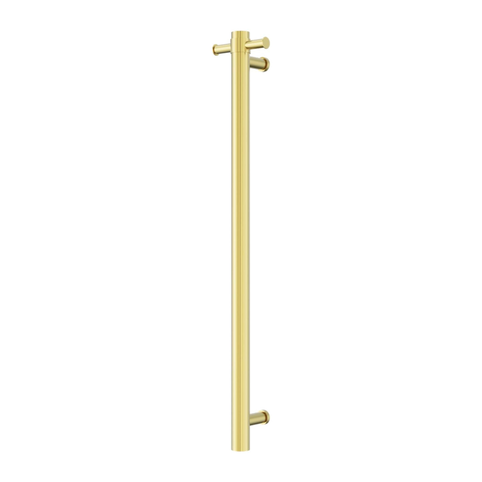 Nero Mecca single vertical heated towel rail in brushed gold, slim round stainless steel design on white background