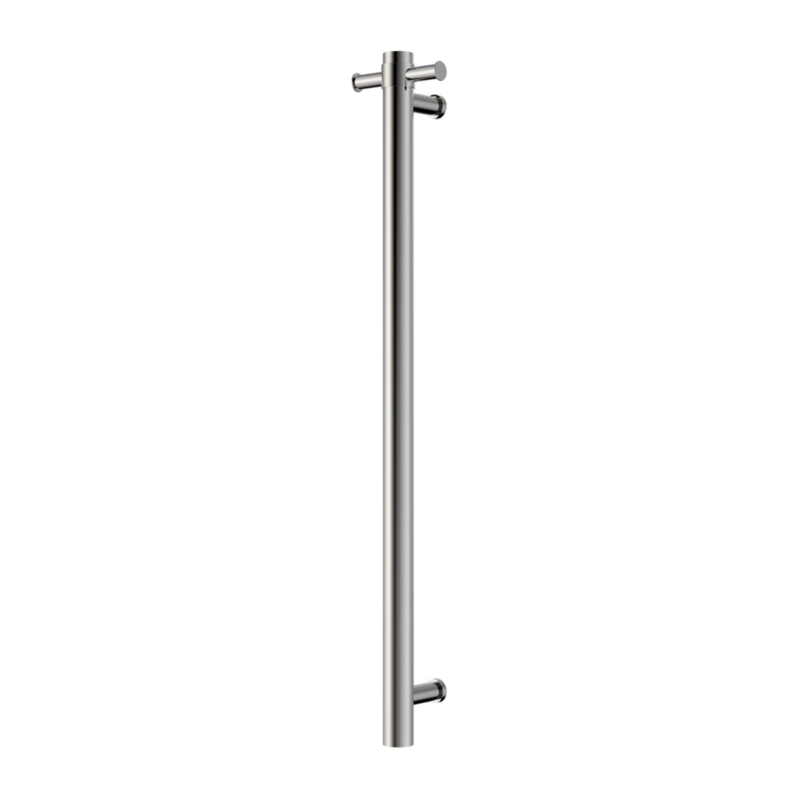 Nero Mecca single vertical heated towel rail in chrome, slim round stainless steel bathroom heater on white background