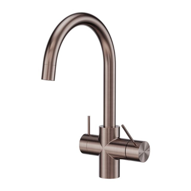 Nero Mecca 3 Way filtered kitchen mixer tap in brushed bronze, gooseneck spout with dual levers, front view on white background