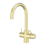 Nero Mecca 3-way filtered mixer tap in brushed gold, gooseneck sink mixer with dual levers, front view