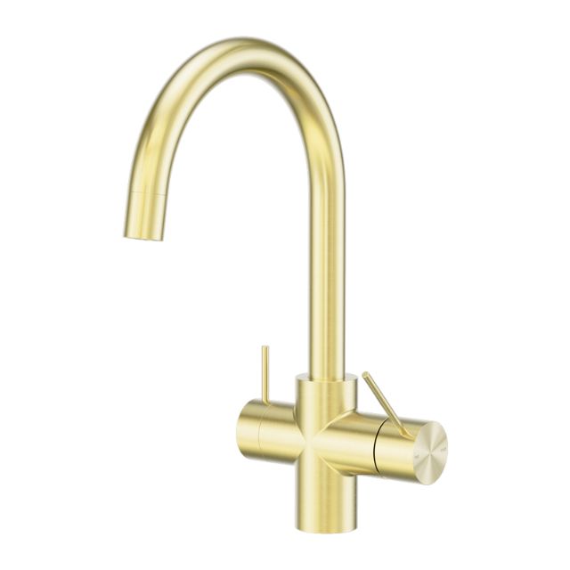 Nero Mecca 3-way filtered mixer tap in brushed gold, gooseneck sink mixer with dual levers, front view
