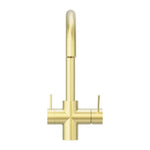 Nero Mecca 3 way filtered mixer tap in brushed gold, gooseneck sink mixer with twin levers, front view