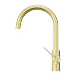 Nero Mecca 3-way filtered mixer tap in brushed gold, with gooseneck spout and side lever on a white background