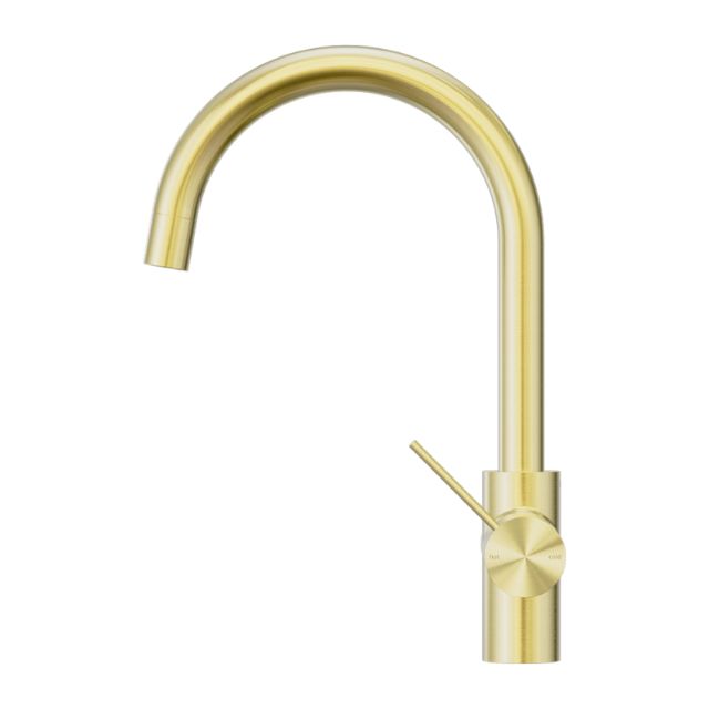 Nero Mecca 3-way filtered mixer tap in brushed gold, with gooseneck spout and side lever on a white background