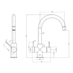 Technical drawing of Nero Mecca 3 way filtered mixer tap in brushed gold, showing side and front views with dimensions.